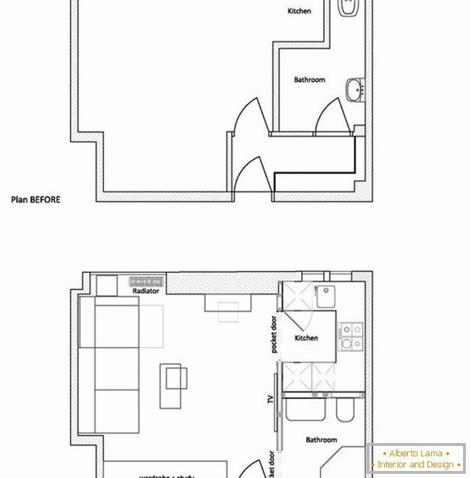 Plan of a small apartment before and after repair