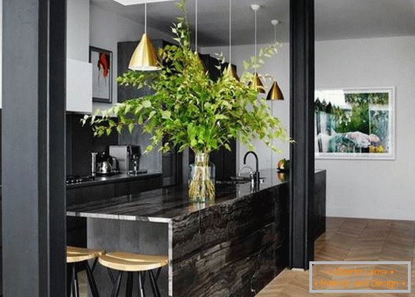 Stylish kitchen of a private house in dark colors