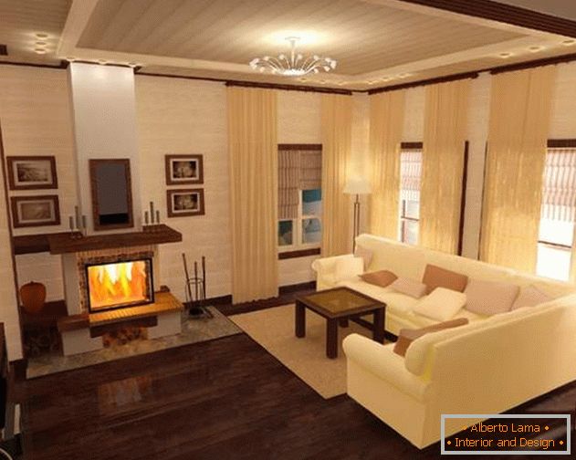 Design of a living room with a fireplace in the interior of a country house