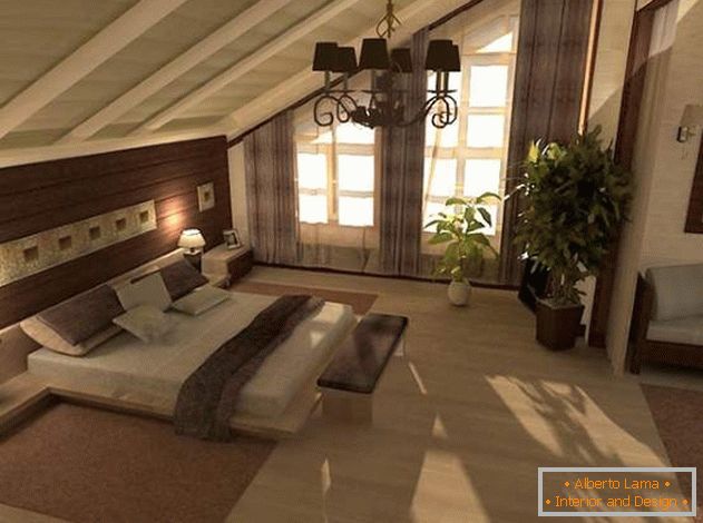 Modern design of the bedroom in the attic in the country house