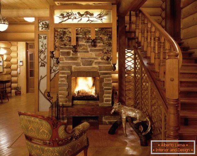 Design of a country wooden house with a fireplace - interior photo