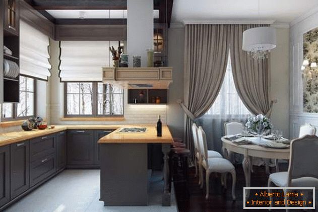 Interior design of a small country house - photo of a dining room kitchen