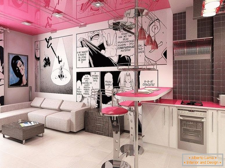 Pink ceiling in the interior in the style of pop art