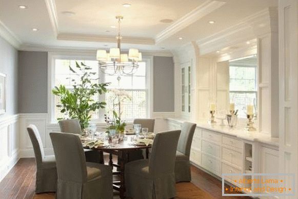 Design of a dining room with built-in furniture
