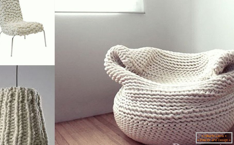 Knitted interior items: chair, chandelier, chair-bag