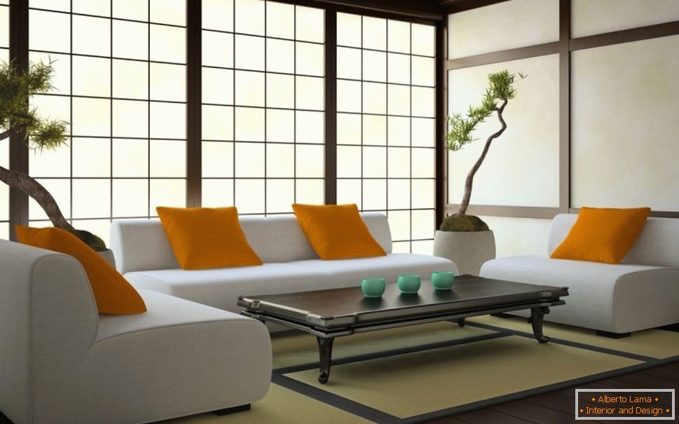 Living room in Japanese style со светлыми стенами и темным полом