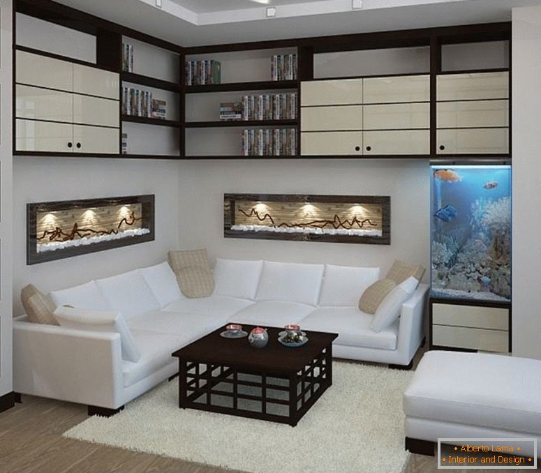 Aquarium and shelves illuminated in the living room