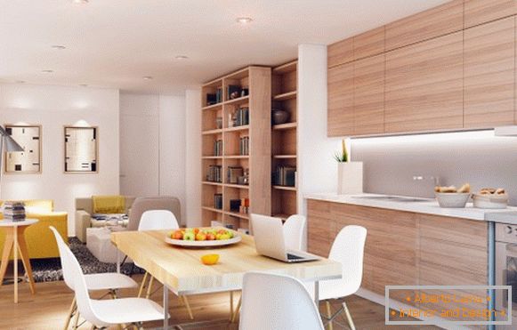 Wooden kitchen in an open-plan apartment