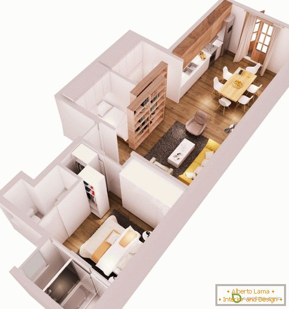 Layout of an apartment with one bedroom