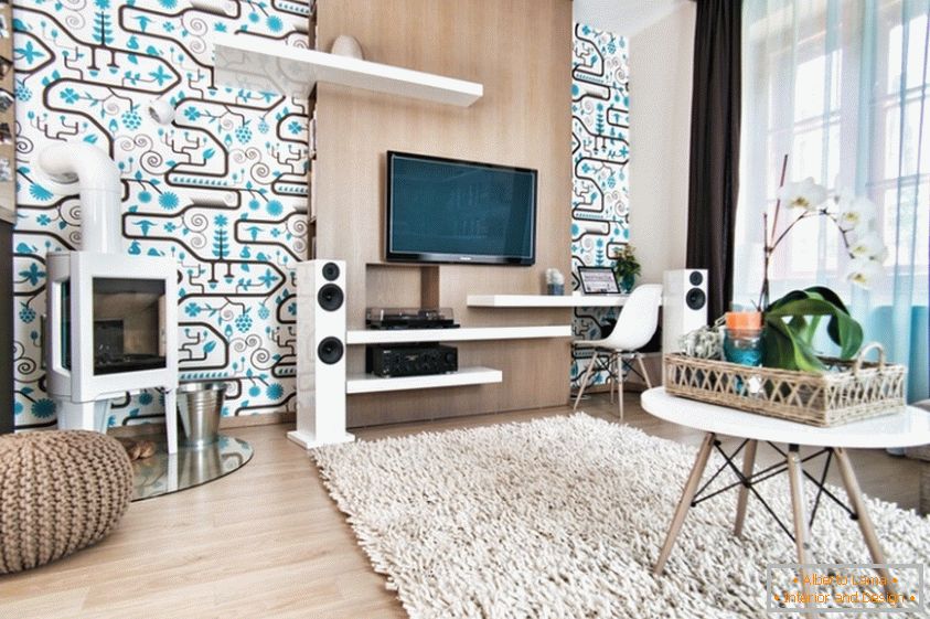 Bright interior design of an apartment in Budapest in turquoise tones