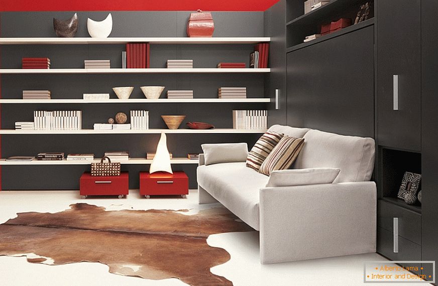 White sofa in the red-black living room