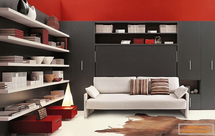 White sofa in the red-black living room