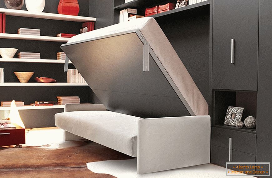 Folding sofa bed in the red-black living room