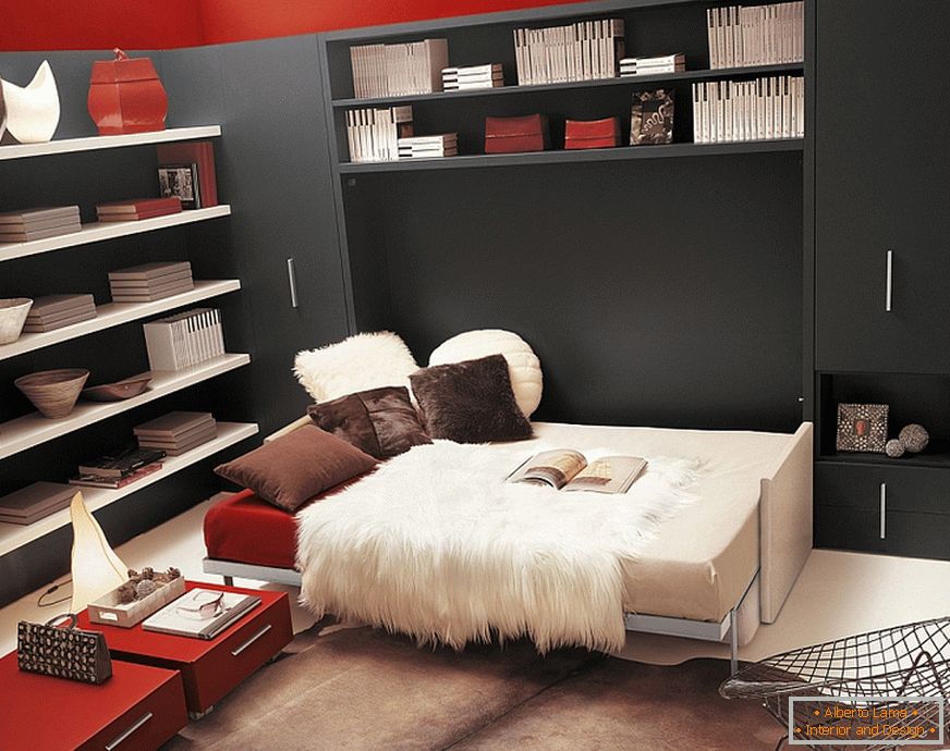 The bed in the red-black living room