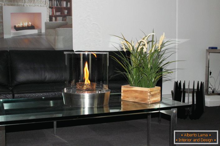 Decorative element of the living room is an elegant desk bio fireplace.