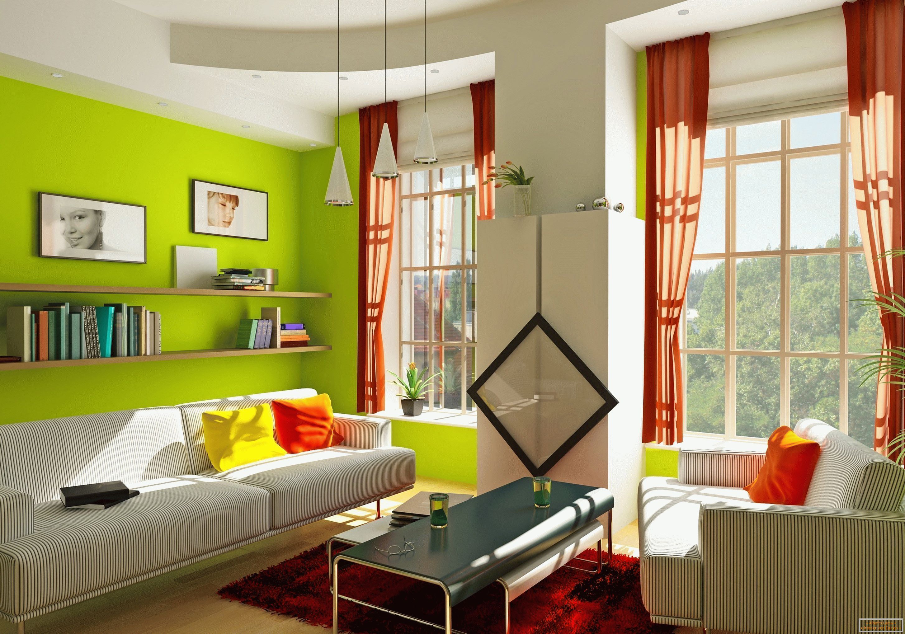The combination of green wallpaper with red curtains
