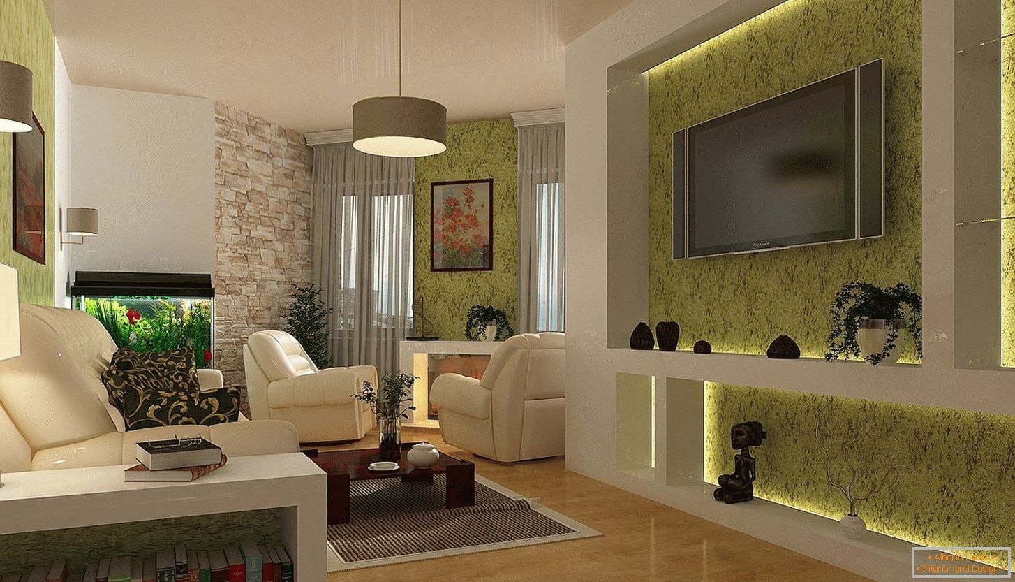 The combination of green wallpaper and beige ceiling