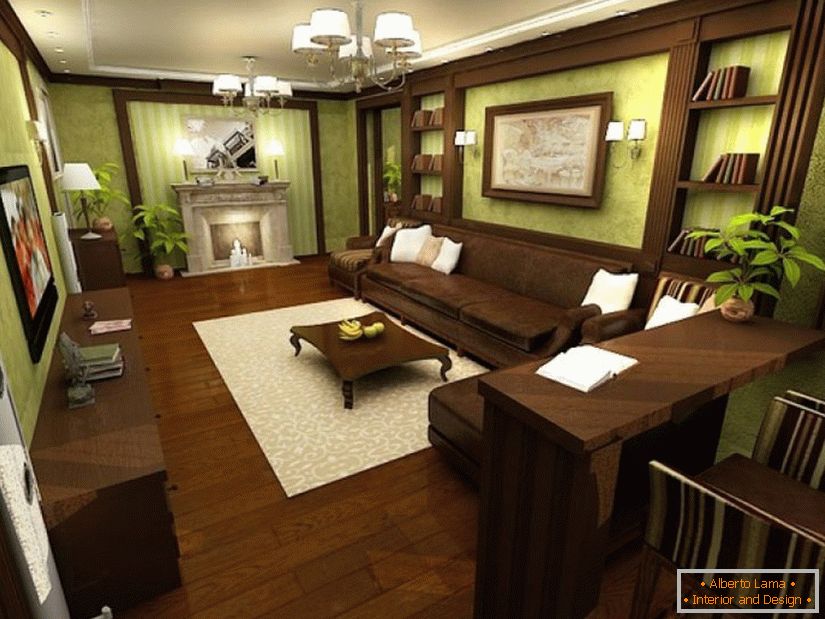 Living room в коричнево-зеленом цвете