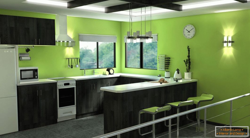 Green kitchen with black furniture