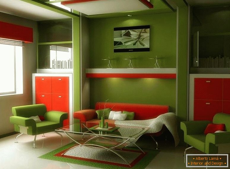 Green interior with orange furniture