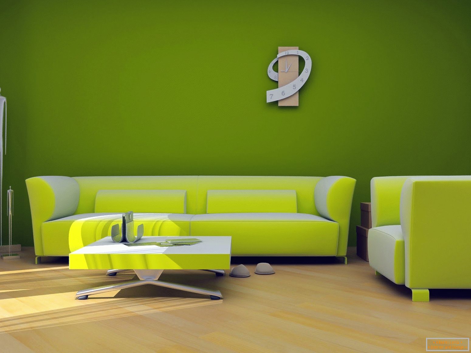 Living room с зелеными обоями