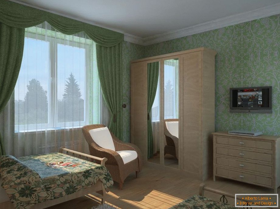 Bedroom с зелеными обоями
