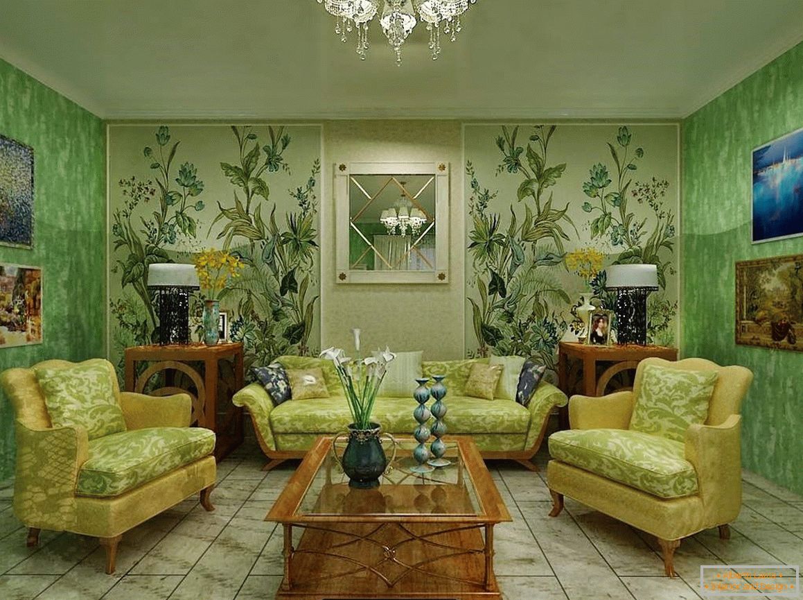 Pictures in the interior with green wallpaper