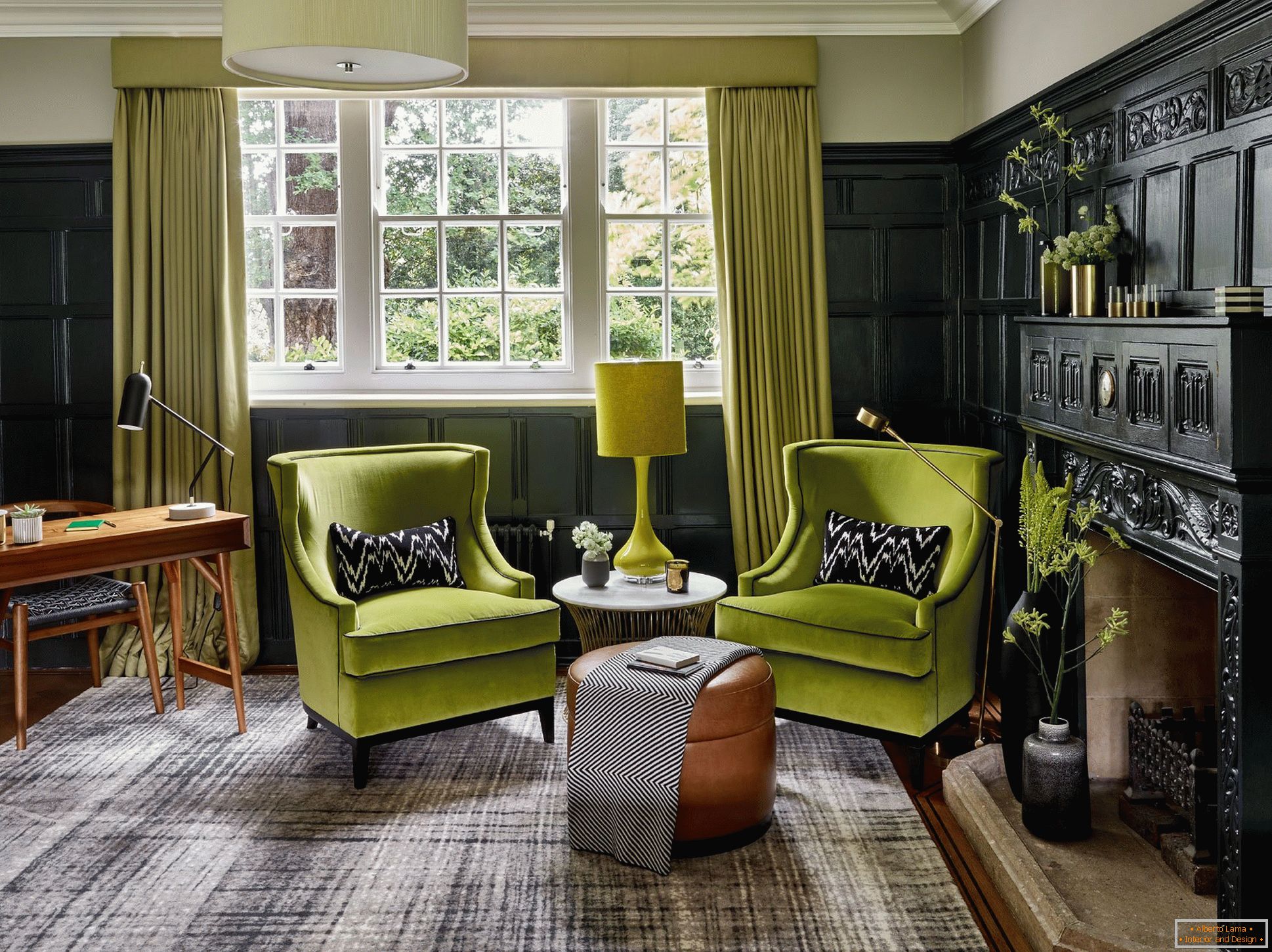 Green upholstered furniture in the living room