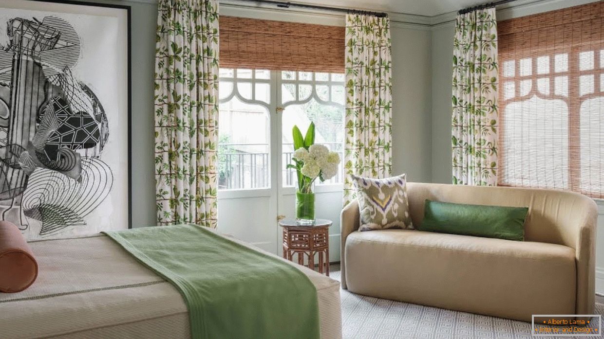 White and green curtains in the interior of the room