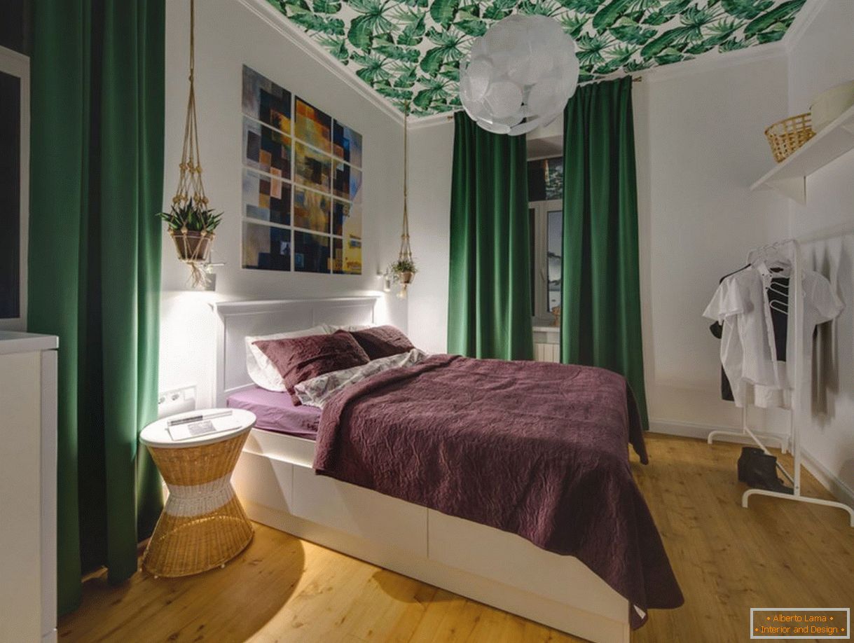 Green curtains in the bedroom