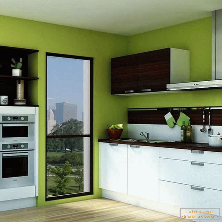 Bright green color of the walls and white kitchen