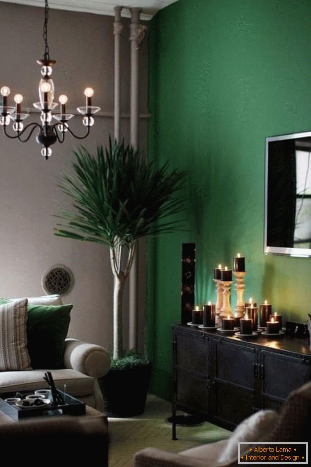 A saturated dark green color of the wall