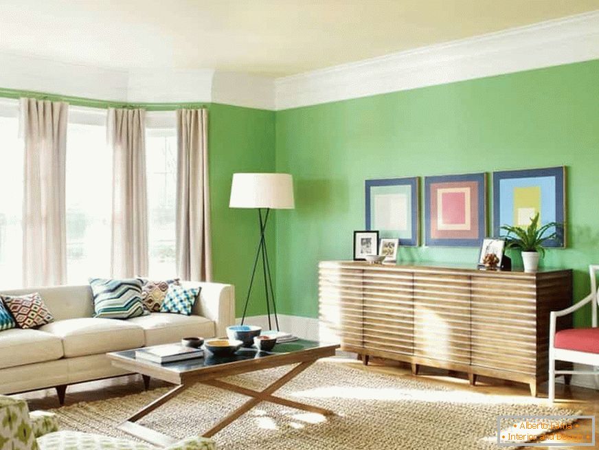 Bright living room with light green and beige
