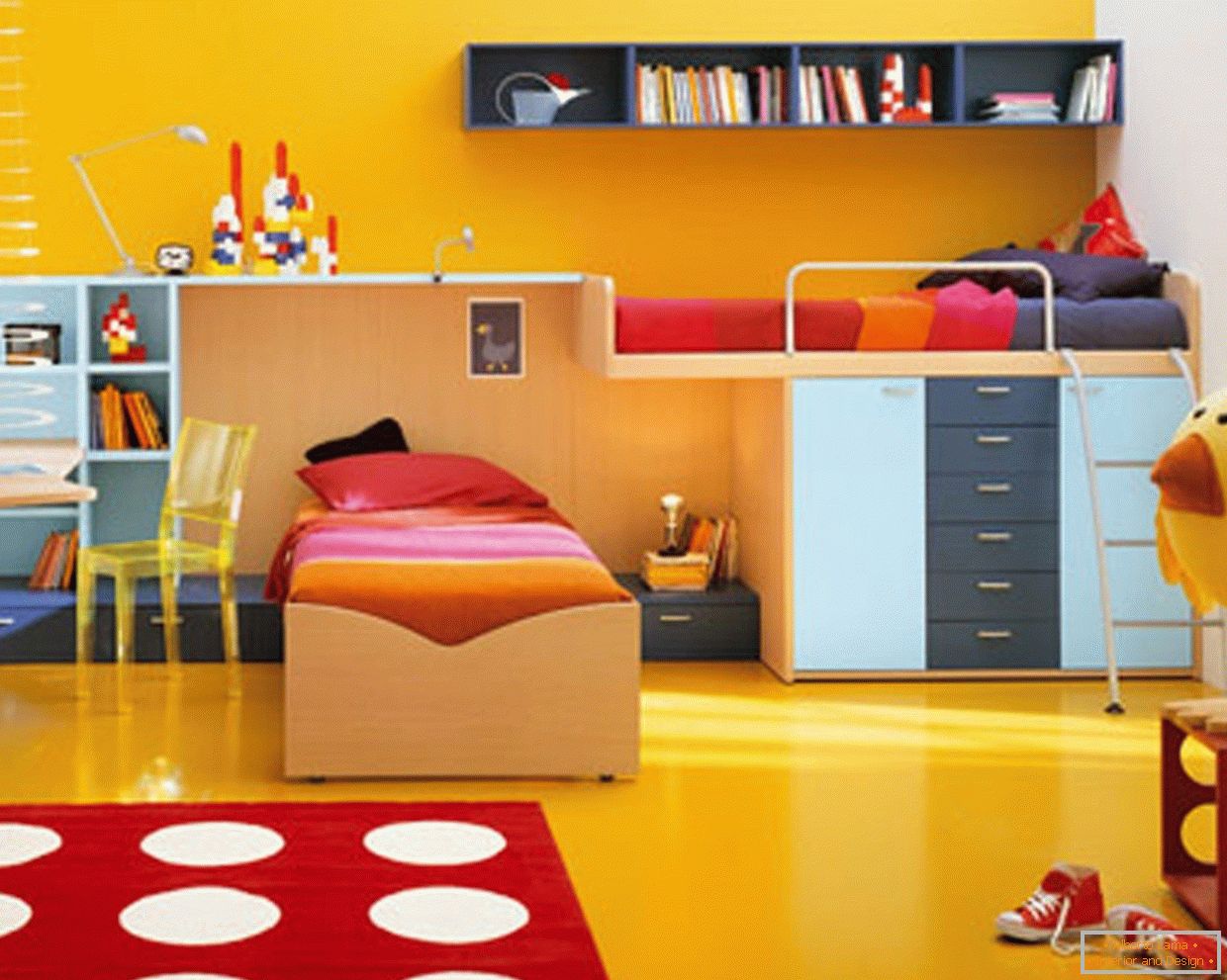 Bright yellow nursery with red decor elements