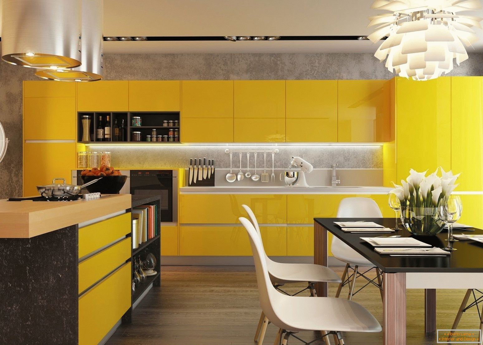 Kitchen с желтыми фасадами и черным столом
