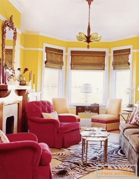 Yellow color and red armchairs