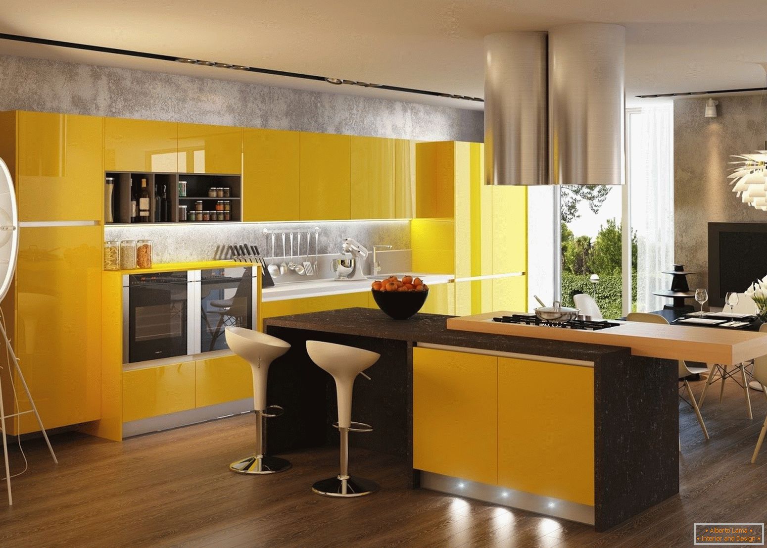 Interior with yellow kitchen