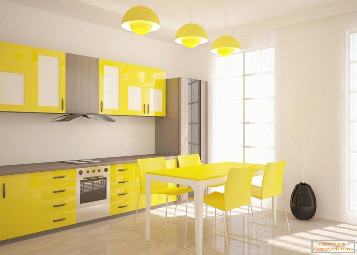 Yellow chandeliers in white interior