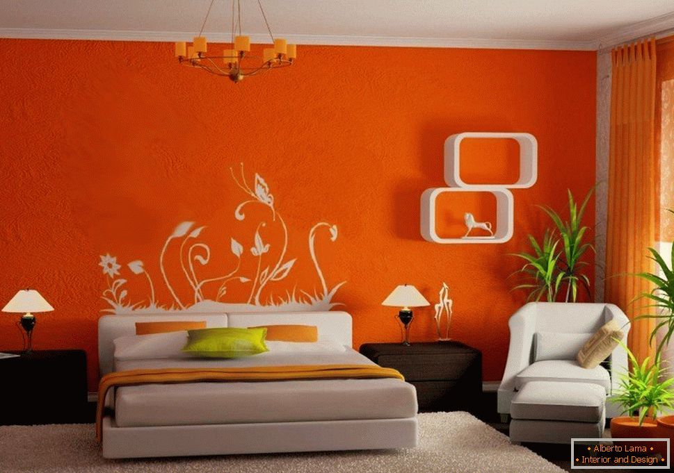 The combination of orange walls and white furniture